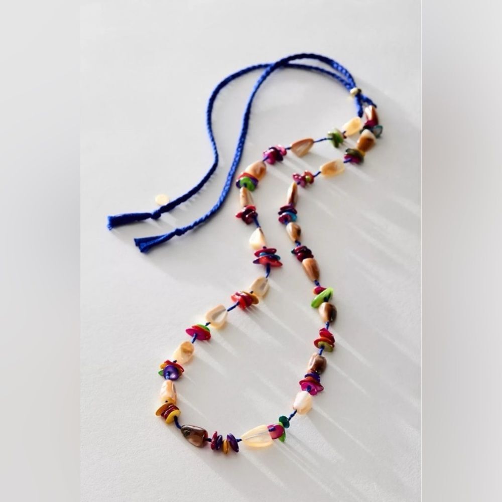 Free People Ariana Ost At The Market Necklace Shell Beaded Blue Braided Jewelry